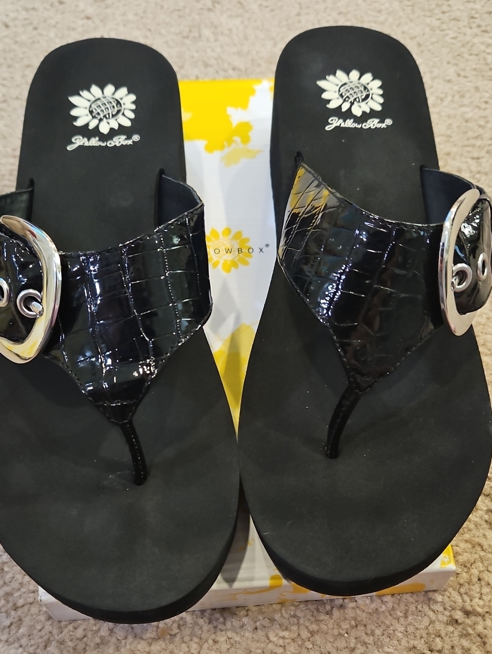 Yellow Box Black Wedge Thong Sandals with Silver Buckle